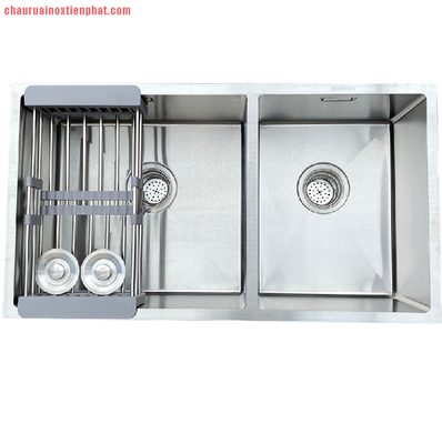 Chậu rửa bát hai hố lệch, âm bàn đá (KT:780x430x240)