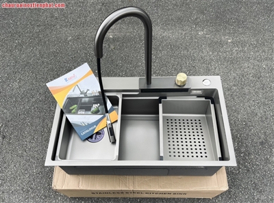 Combo chậu vòi xả thác màu bạc 75x45