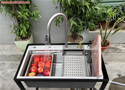 Combo chậu vòi xả thác màu trắng 75x45